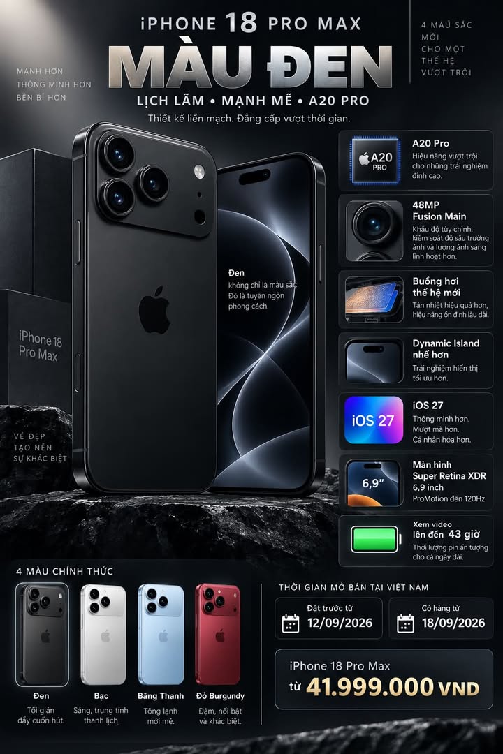 IPHONE 18 PRO MAX MÀU ĐEN GÂY ẤN TƯỢNG MẠNH, NGOẠI HÌNH TỐI MÀU ĐANG TRỞ THÀNH TÂM ĐIỂM #iPhone18ProMax #iPhone18Pro #iPhone18 #Apple #iPhone #BlackiPhone #Smartphone #CongNghe